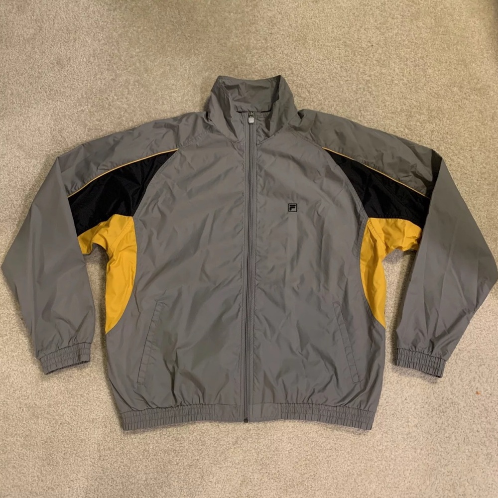 FILA Windbreak Full Zip Jacket Pockets Black Light Gray Yellow Mens Size XL